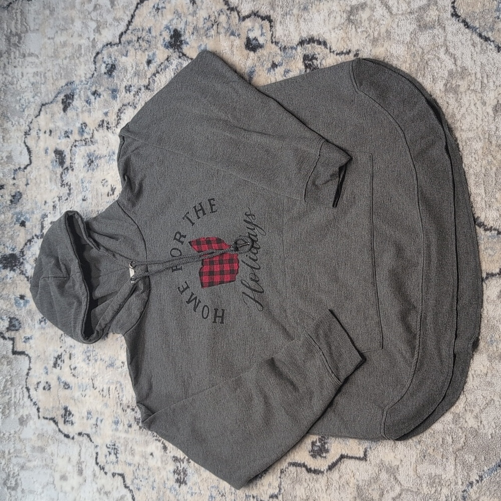 Maurices Gray Holiday Hoodie Plus 1X Cozy Buffalo Plaid Bow Sweatshirt